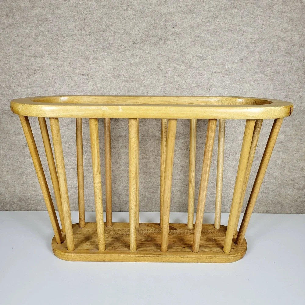 Vintage MCM Wood Spindle Magazine Rack Oval Light 20.5